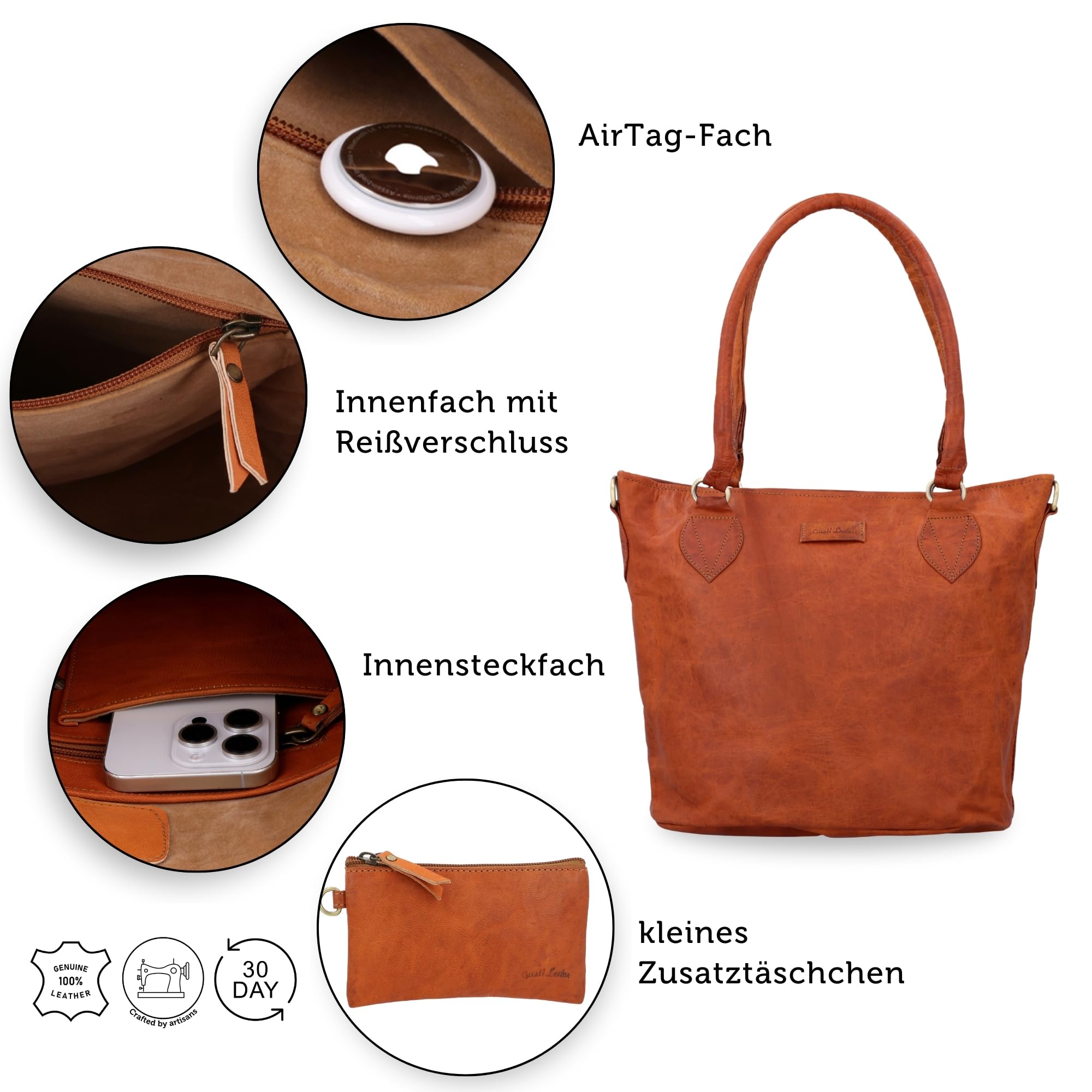 Gusti Ledertasche Damen Therese New | Handgefertigte Umhängetasche Damen Leder für Alltag & Büro | AirTag-Fach & Praktische Fächeraufteilung