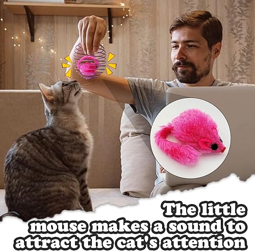 Miniatura 5 de Andiker 6 juguetes de primavera para gatos, bolas coloridas de primavera para gatos de 3.9 pulgadas con ratones, juguetes interactivos para gatos,