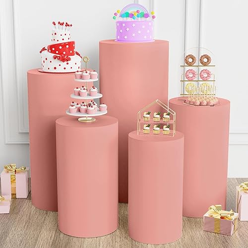 Juego de 5 fundas para pedestal de cilindro de elastano, color rosa polvoriento, para accesorios de boda, fiesta de cumpleaños, decoración de eventos