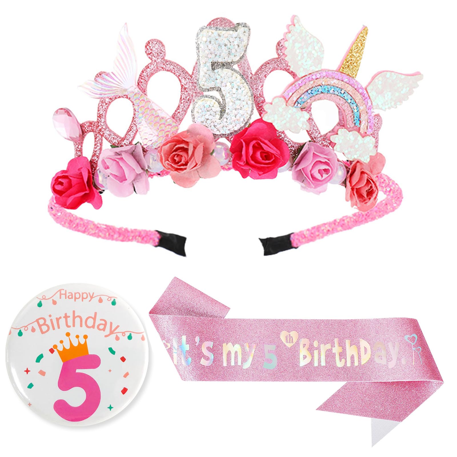 Quorlis Birthday Girl Headband - Birthday Decorations for Girl, Princess Crown Headband, Glitter Sash & Badge Set, Floral Hair Band, Pink Party Tiara Accessories, A