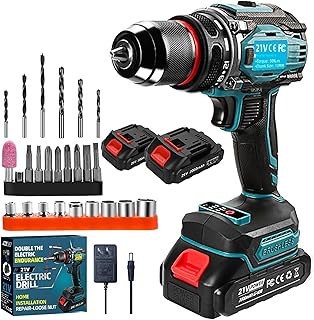 21V Cordless Power Drill/Driver Set, Electric Power Drill Set with 2 Battery & Charger, 3/8” Keyless Chuck, 2 Variable Speed, 28-Piece Kit Power Drill Drivers for Home Use