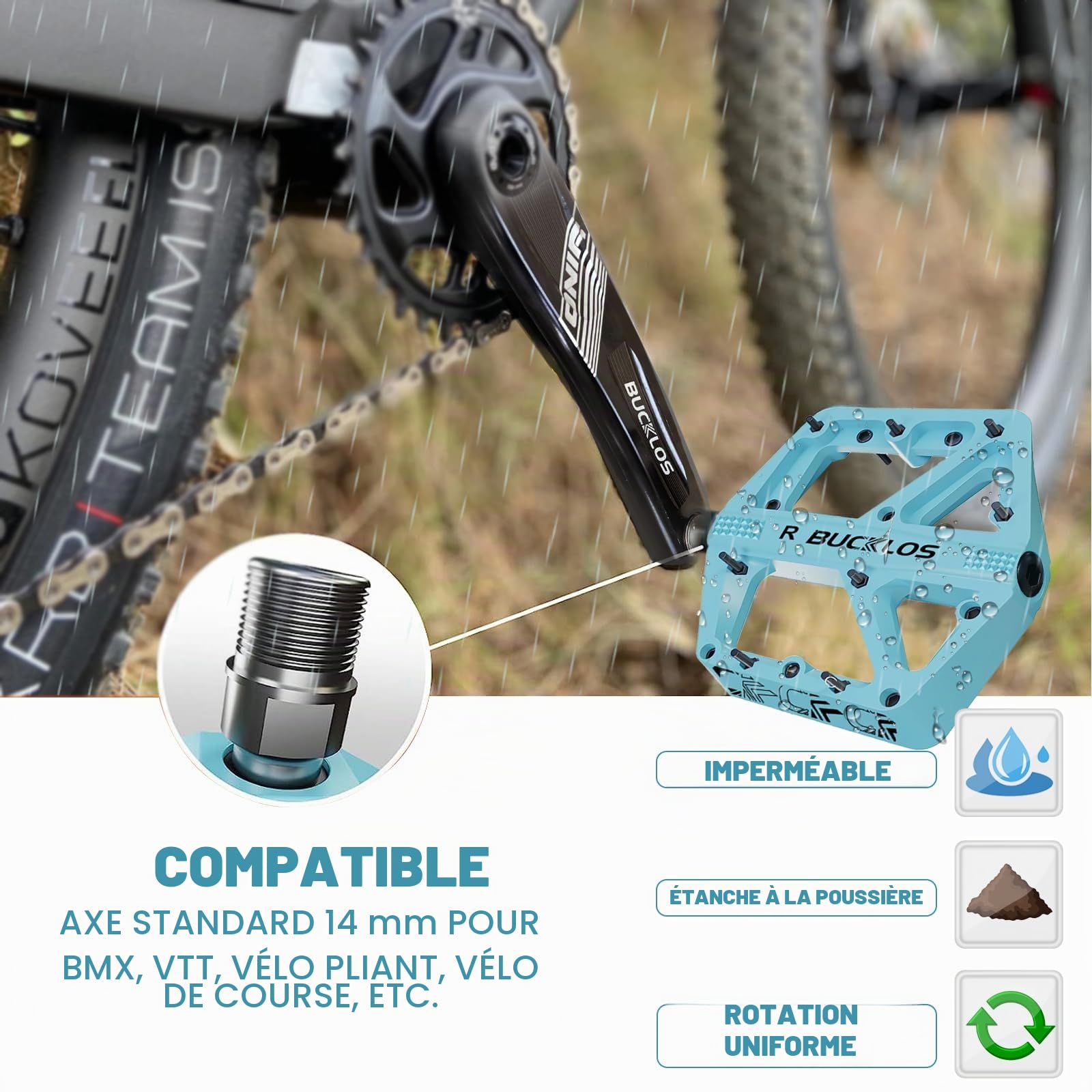 Pédales de VTT plates pour VTT - Grande plateforme - En nylon - Antidérapantes - Pour vélo adulte - 9/16"