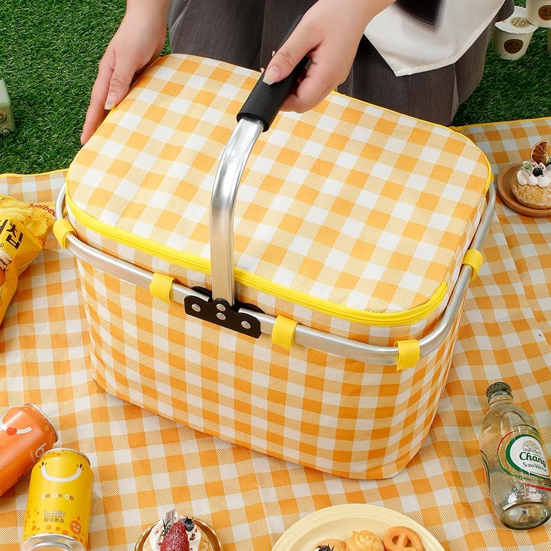 Image of Kuber Industries Picnic Basket With Lid | Market Storage With Aluminum Handles for Travel, Shopping | Check-Print Multi-Utility | 23 Ltr | JY2238-YEL | Yellow | (Pack of 6)