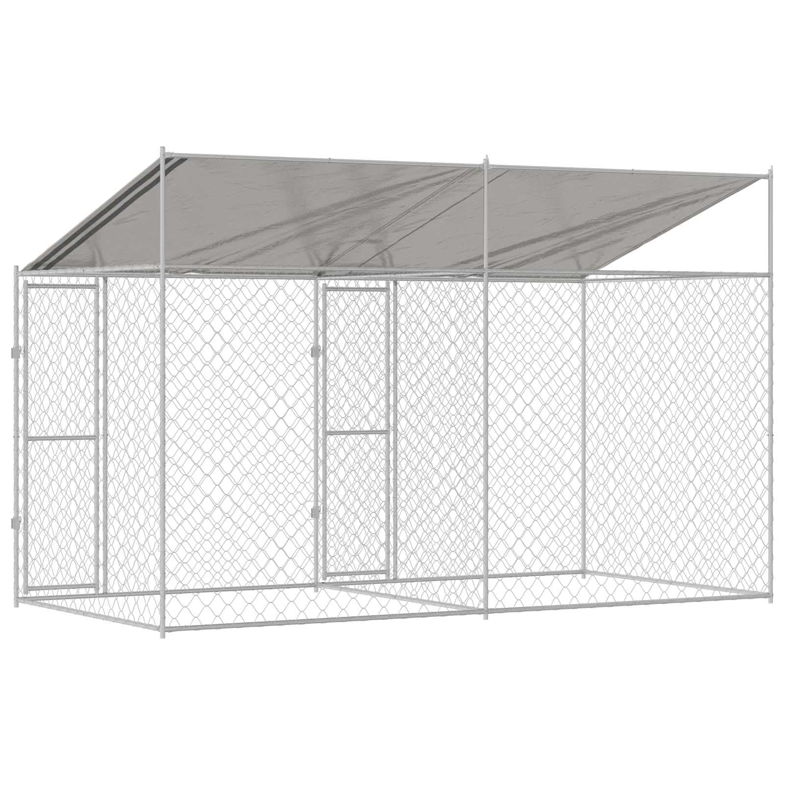 Klatka dla psa z dachem, srebrna, 400 x 200 x 256 cm, stal i PE, odporna na warunki atmosferyczne, wybieg dla psa z elementami kratowymi, do ogrodu i na zewnątrz, zamykane drzwi, przestronny