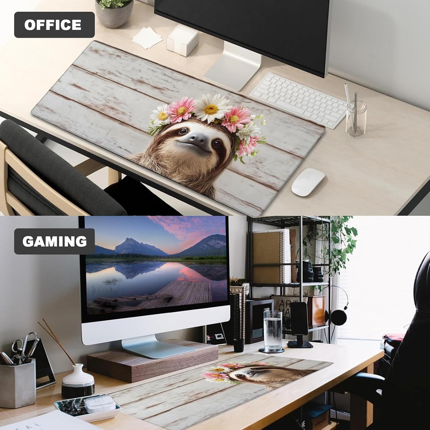 Floral Crown Sloth Gaming Mouse Pad – 12x31.5in Non-Slip Rubber Desk Mat with Cute Animal Design – Large Extended Mousepad for Office Home – Deskmat Gifts for Sloth Lovers and Cute Fans Decor