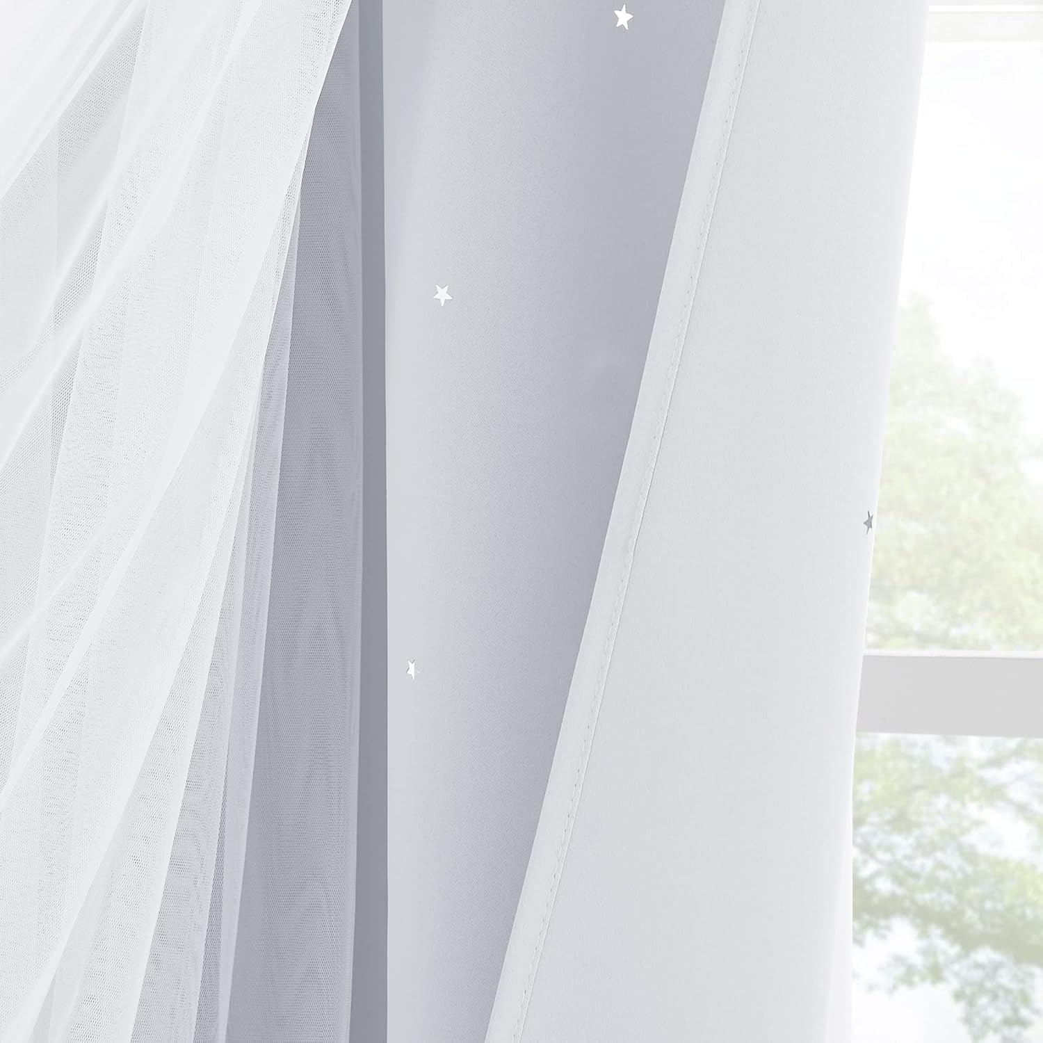 Pony Dance Girls Curtains for Bedroom - Star Cutouts Drapes for Kids Double Layer Curtain Voile Overlay Room Darkening Shiny Decor Pretty Princess, 52x84 inch, Greyish White, 2 PCs