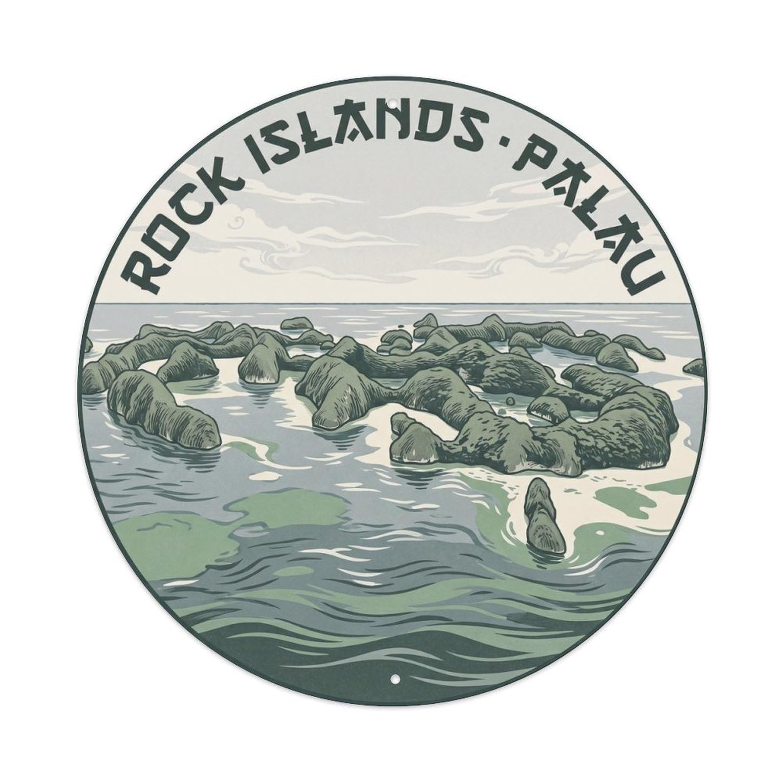 Olyhtr 8X8inch Classic Style Sage Palau Rock Islands Aerial Green Woodblock Metal Tin Sign