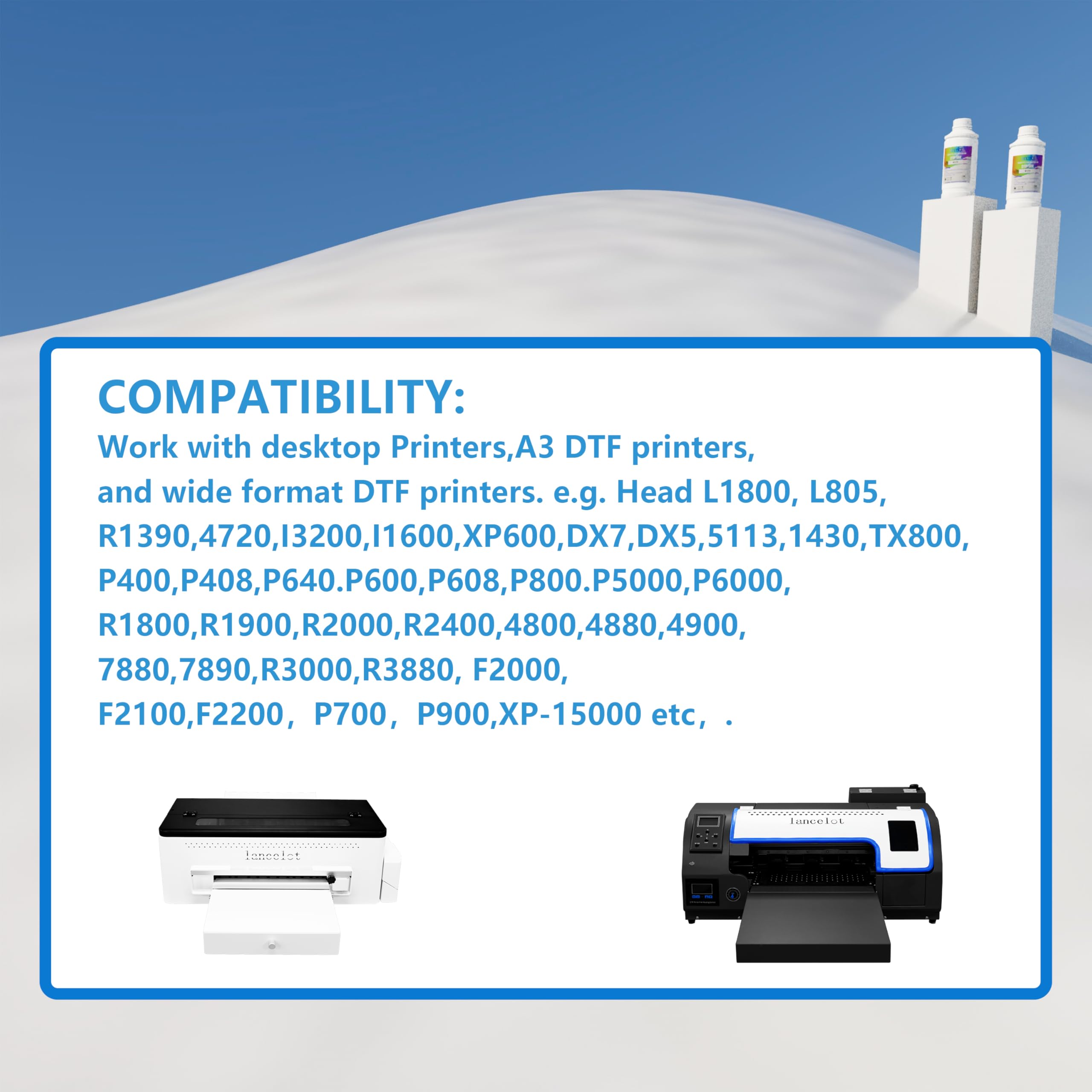 Lancelot Premium DTF Ink 500ML-Vibrant & Durable PET Film Transfer Ink for DTF Printer, Epson Printers Epson ET-8550, XP-15000, L1800, L805, R1390, R2400 for Heat Transfer Printing 500ml(500ml*1,1WH)