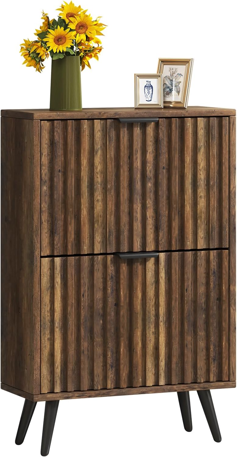 Slim Wood Shoe Cabinet with Flip Drawers, Modern Narrow Entryway Shoe Storage Organizer for Hallway, Fluted 23.6" Shoe Cabinet, Brown Hidden Shoe Storage, Mid Century Style, Walnut