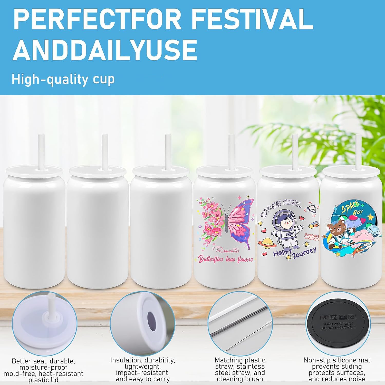 Lot de 6 gobelets vierges de sublimation pour enfants, 480 ml en acier inoxydable avec couvercles et pailles, gobelet isotherme à double paroi avec dessous de verre pour cadeau de fête