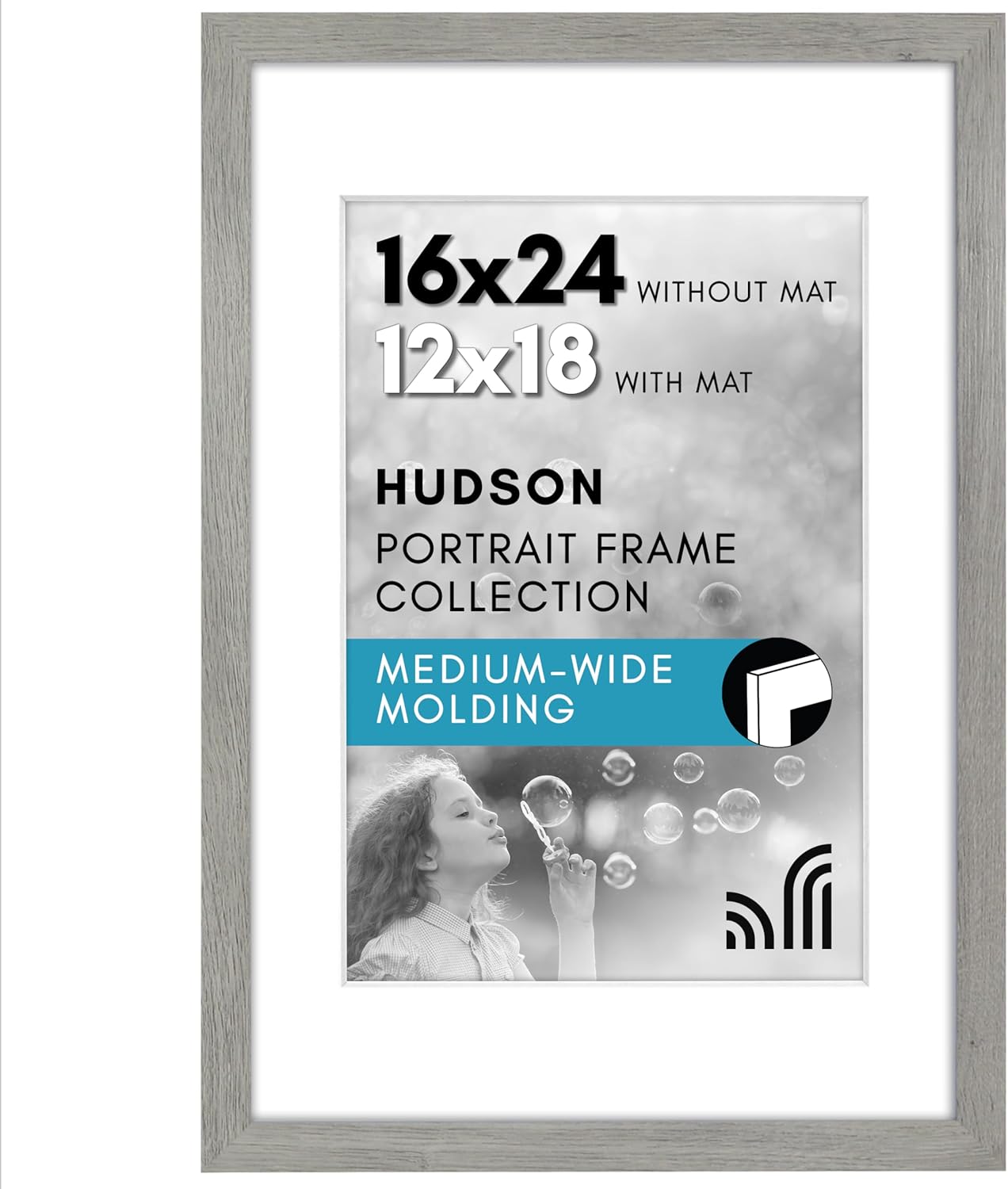 Americanflat 16x24 Poster Frame with Polished Plexiglass - Use as 12x18 Frame with Mat or 16x24 Frame Without Mat - Hudson Collection - Wide Picture Frame for Wall display - Grey Wood Grey Wood 16x24