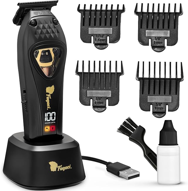 Fagaci Hair Trimmer for Men, Zero Gap Cordless Beard Trimmer, T Blade Liner | Zero-gap DLC T-blade with a high-torque vector motor for crisp liners and edges. Cordless with a charging dock and guards.