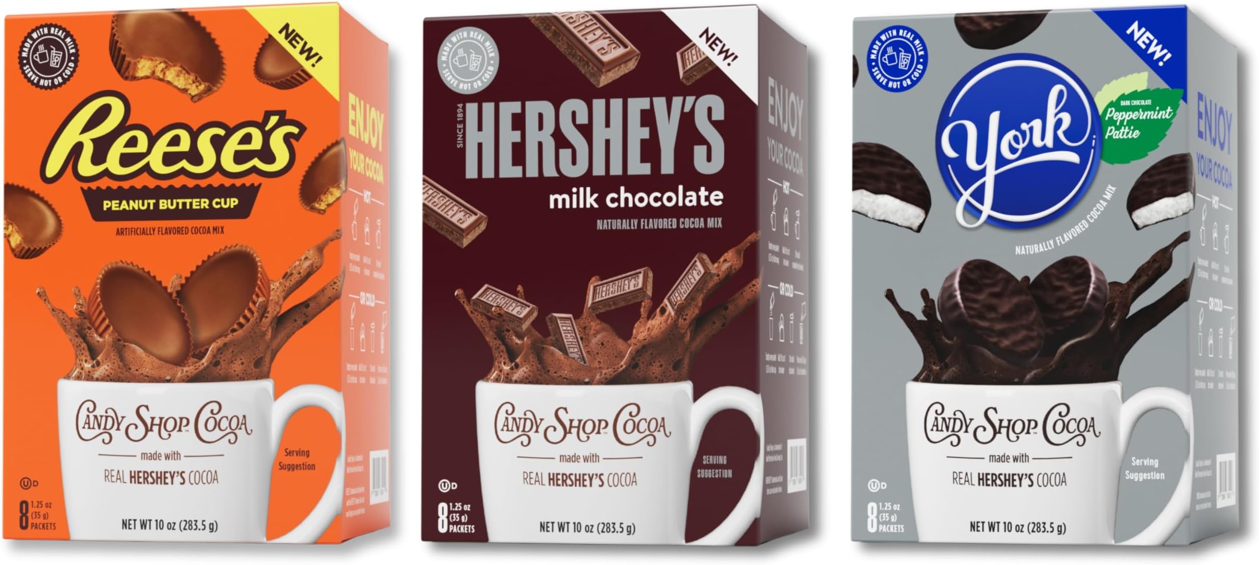 Cocoa Mix Variety Pack, Hot Chocolate, HERSHEY'S Milk Chocolate, REESEโS Peanut Butter Cup, YORK Peppermint Pattie, Make Hot or Iced, Made With Real Milk, 8 Packets Each (Pack of 24)