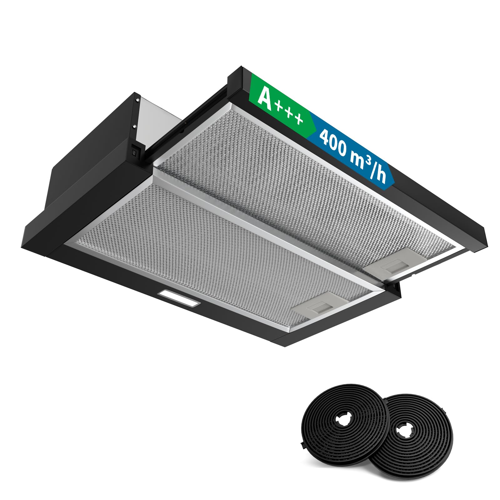 Flachschirmhaube Dunstabzugshaube 60 cm A+++ 400 m³/h Einbau Abluft Teleskopischer Aluminiumfilter LED-Beleuchtung