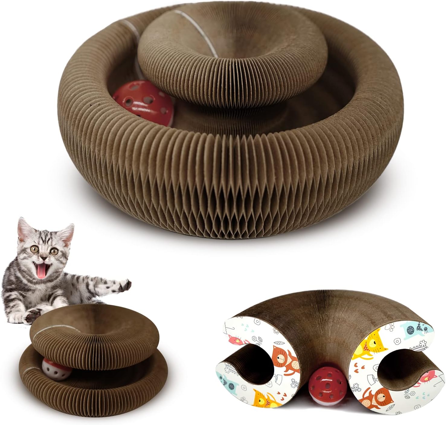 BEE&FLOWER Cat Scratching Board and Mat - Foldable Cardboard Cat Scratchers with Toy Bell Ball for Grinding Claws and Protecting Furniture