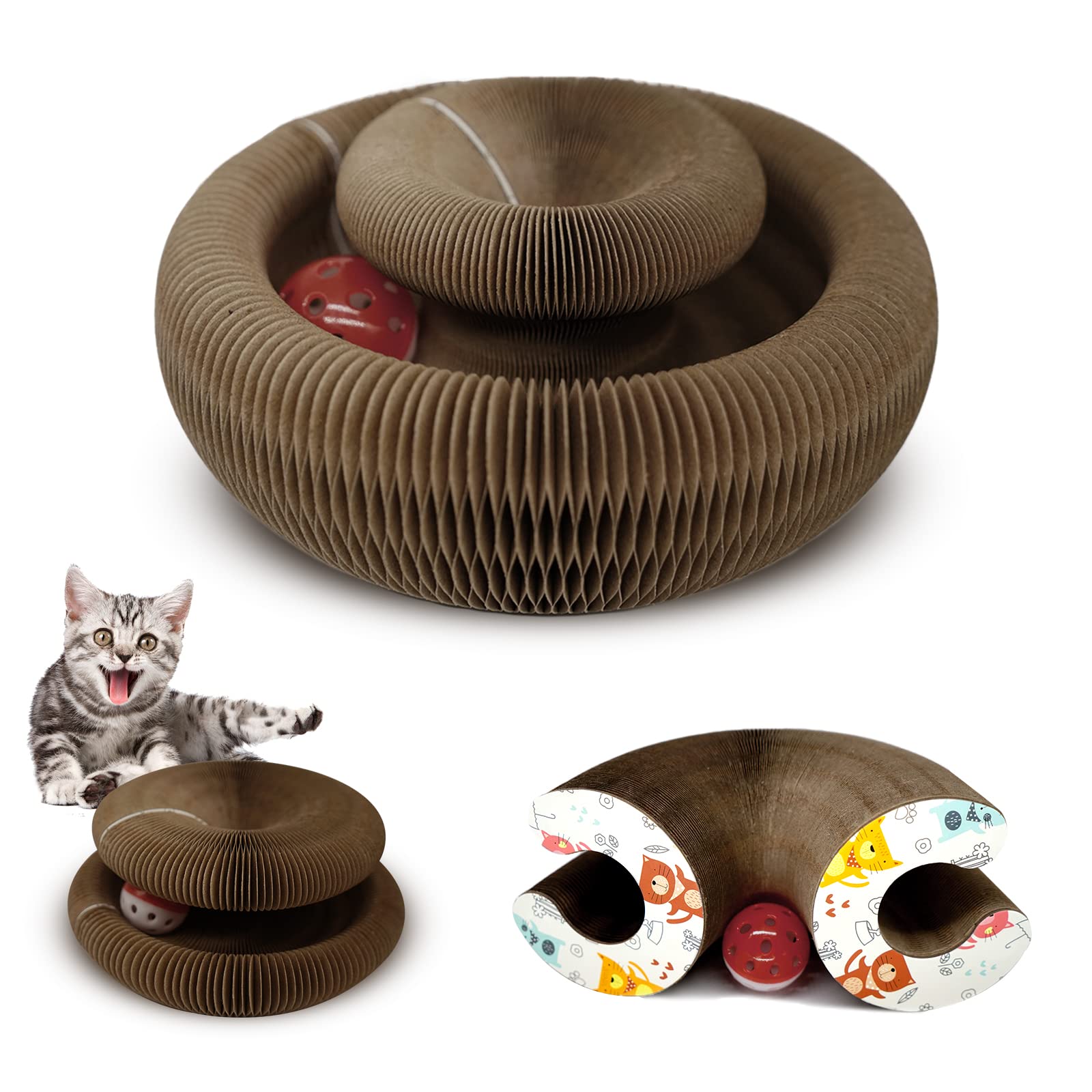 BEE&FLOWER Cat Scratching Board and Mat - Foldable Cardboard Cat Scratchers with Toy Bell Ball for Grinding Claws and Protecting Furniture
