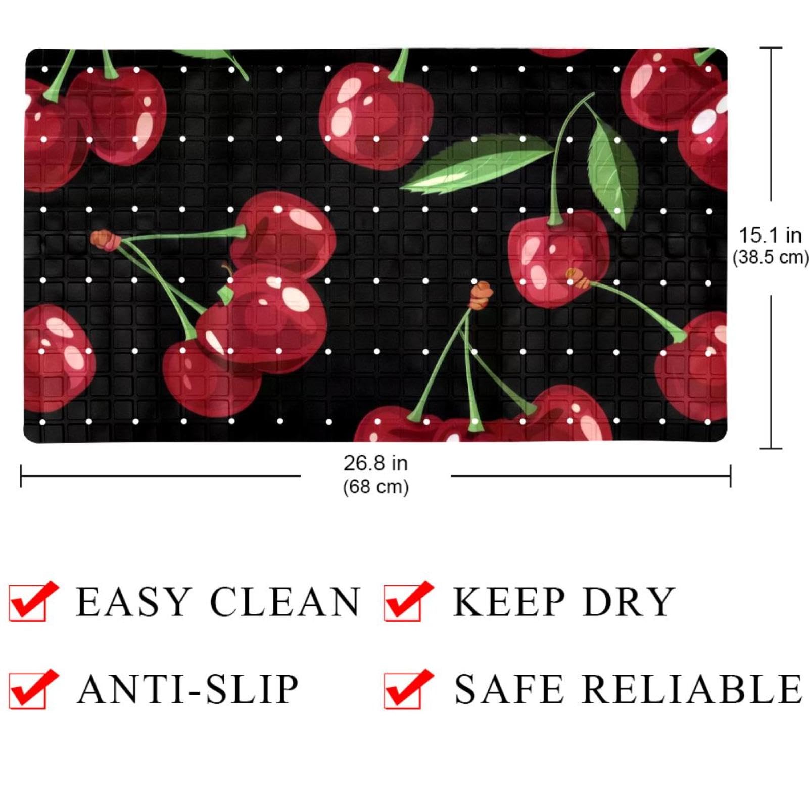 Rutschfeste Badematten für Badezimmer, rechteckige Badewannenmatte, maschinenwaschbar, 40 x 70 cm, Motiv: niedliche Kirschbeeren auf schwarzem Hintergrund