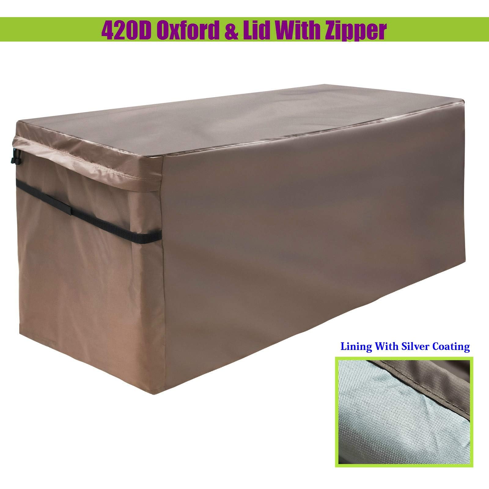 Copertura Impermeabile per Baule da Giardino, Telo di Protezione per Contenitore da Esterno con Foro di Ventilazione e Coperchio con Cerniera, 420D Oxford Marrone (123 x 55 x 62 cm)