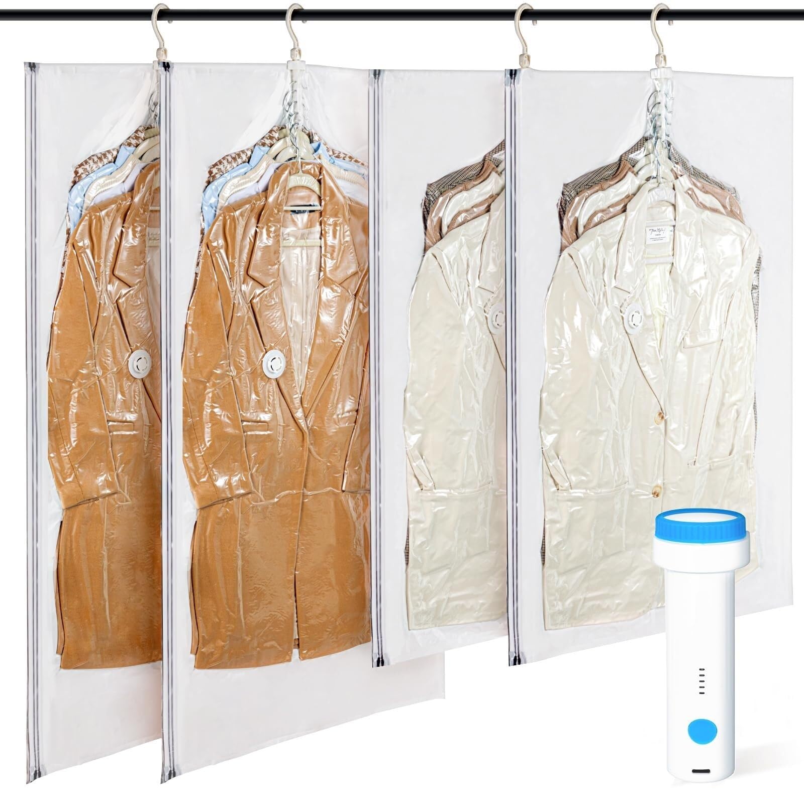 Bolsas colgantes de almacenamiento al vacío con bomba eléctrica, paquete de 6 (3 largas, 3 cortas) para ropa, organizador de armario, ahorro de espacio para trajes, abrigos