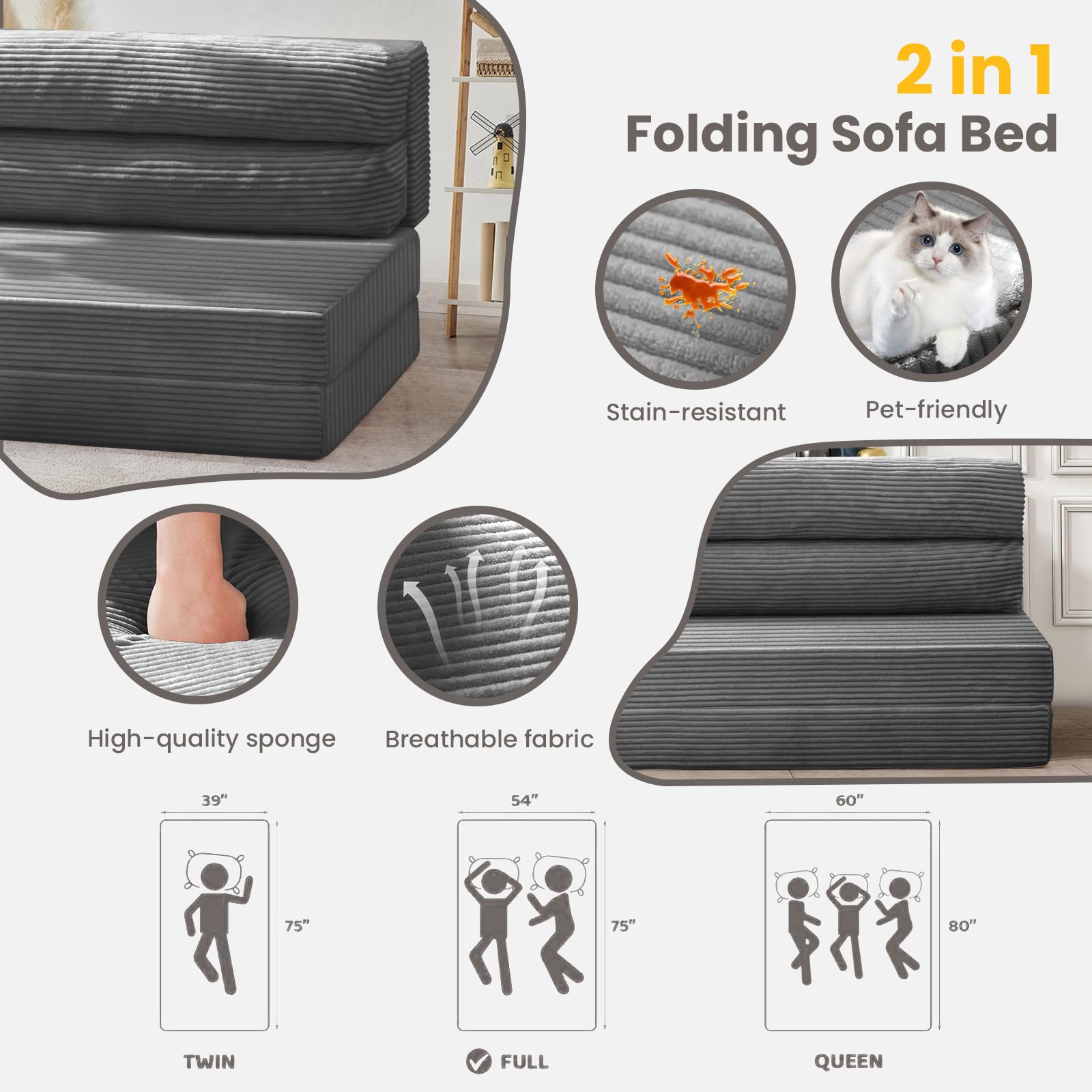 Folding Sofa Bed, Convertible Sleeper Chair with Pilow Foldable Matress, 2 in 1 Pull Out Loveseat Sofa Portable Fold Out Chair Bed Floor Couch Lounge for Living Room Bedroom (Grey, Full)
