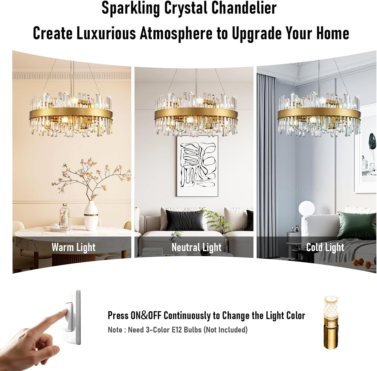 24'' Modern Gold Crystal Chandeliers, 12-Lights K9 Crystal Luxury Raindrop Chandelier Light Fixture,3 Colors Contemporary Pendant Ceiling Light for Dining Room Living Room Entryway Foyer