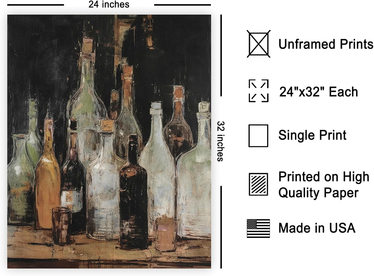 Poster Master Vintage Still-life Bottles Painting Poster - Wine Bottles Print - Alcohol Art - Gift for Men, Women & Bartender - Decor for Bar, Man Cave, Kitchen or Restaurant, 24x32 Unframed Wall Art
