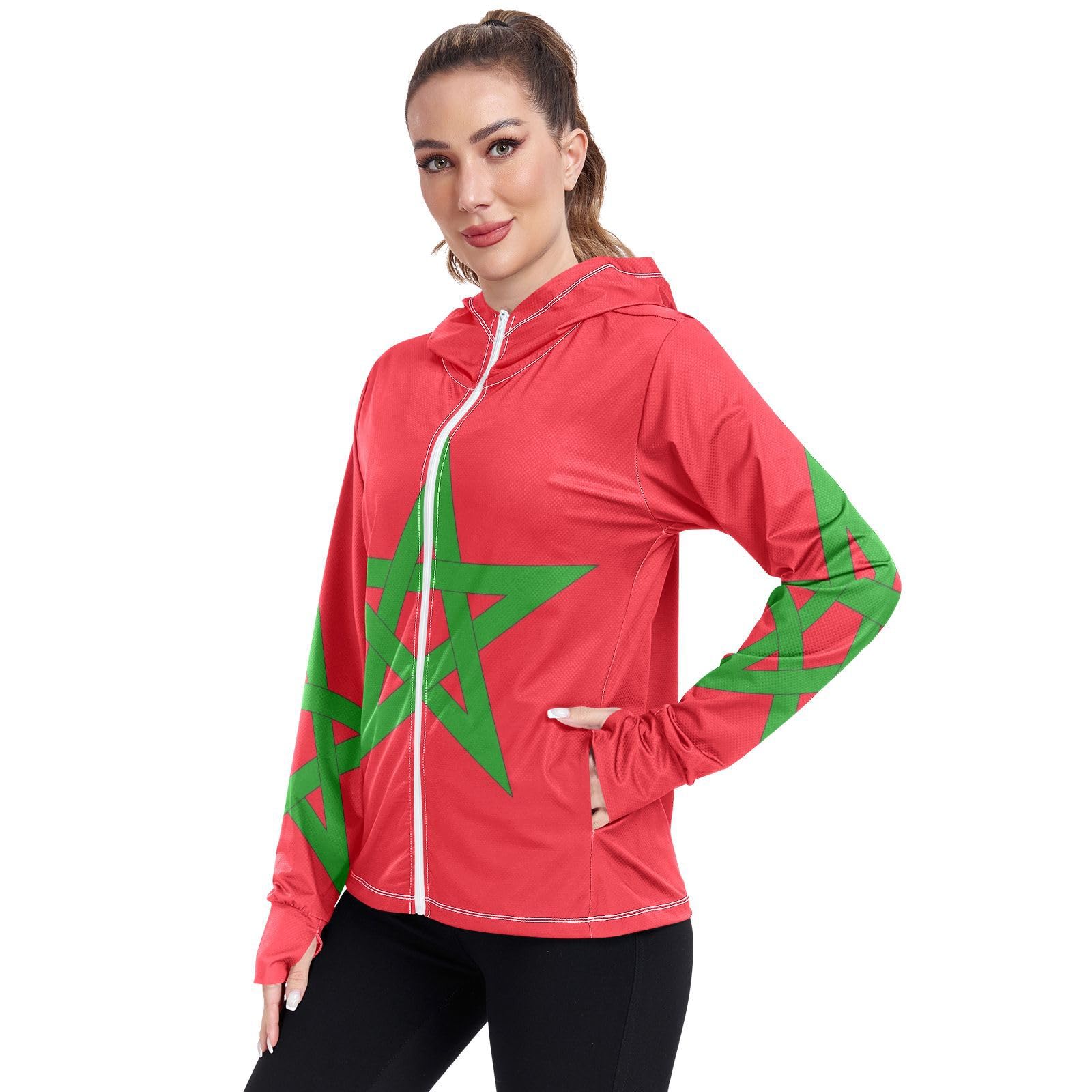 Morocco Flag Womens UPF 50+ Sun Protection Hoodie Jacket Lightweight Long Sleeve Sun Shirt with Pocket Multicoloured
