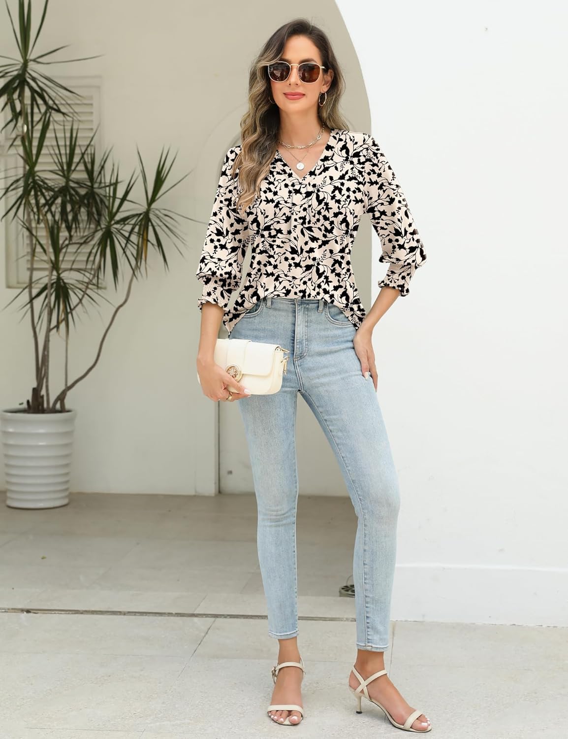 AKEWEI 3/4 Length Sleeve Womens Tops Summer Fashion V Neck Business Casual Blouses Smocked Shirts - Image 4