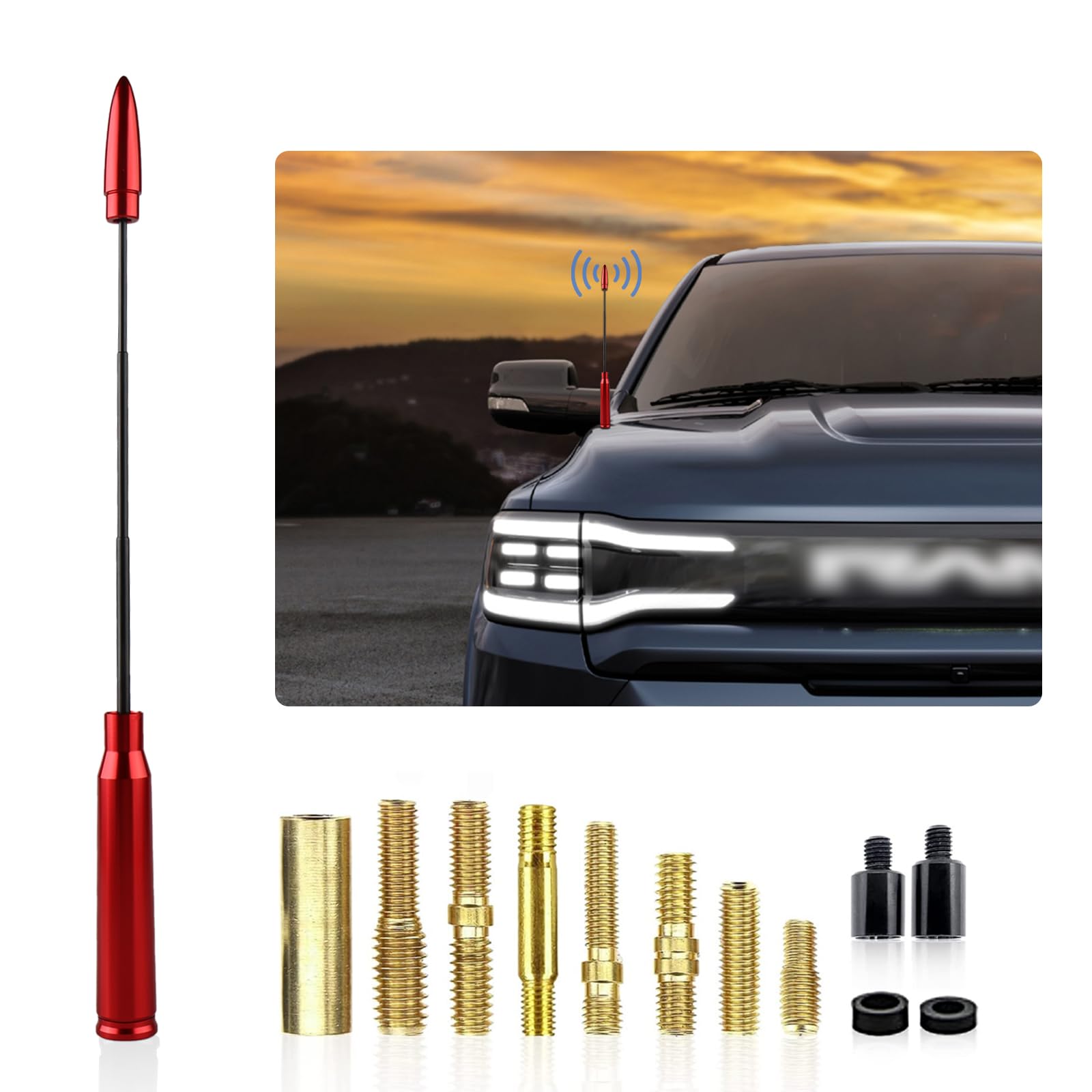 1 PC Car Bullet Antenna, Telescopic Adjustable Antenna Mast, Compatible with Chevy Silverado 1500 2500 3500 HD Avalanche GMC Sierra 1500 2500 3500 Denali Heavy Duty Pickup Trucks (Red)