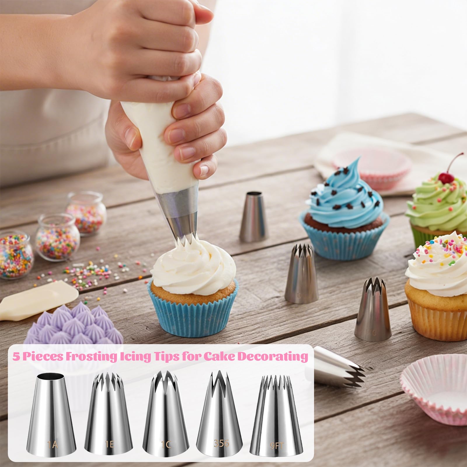 5-teiliges großes Spritztüllen-Set aus Edelstahl, runde Spritztüllen, professionelles Keksdekorationsspitzen-Set für Cupcakes, Kuchendekoration (1A, 1E, 1C, 2,7 m, 356)