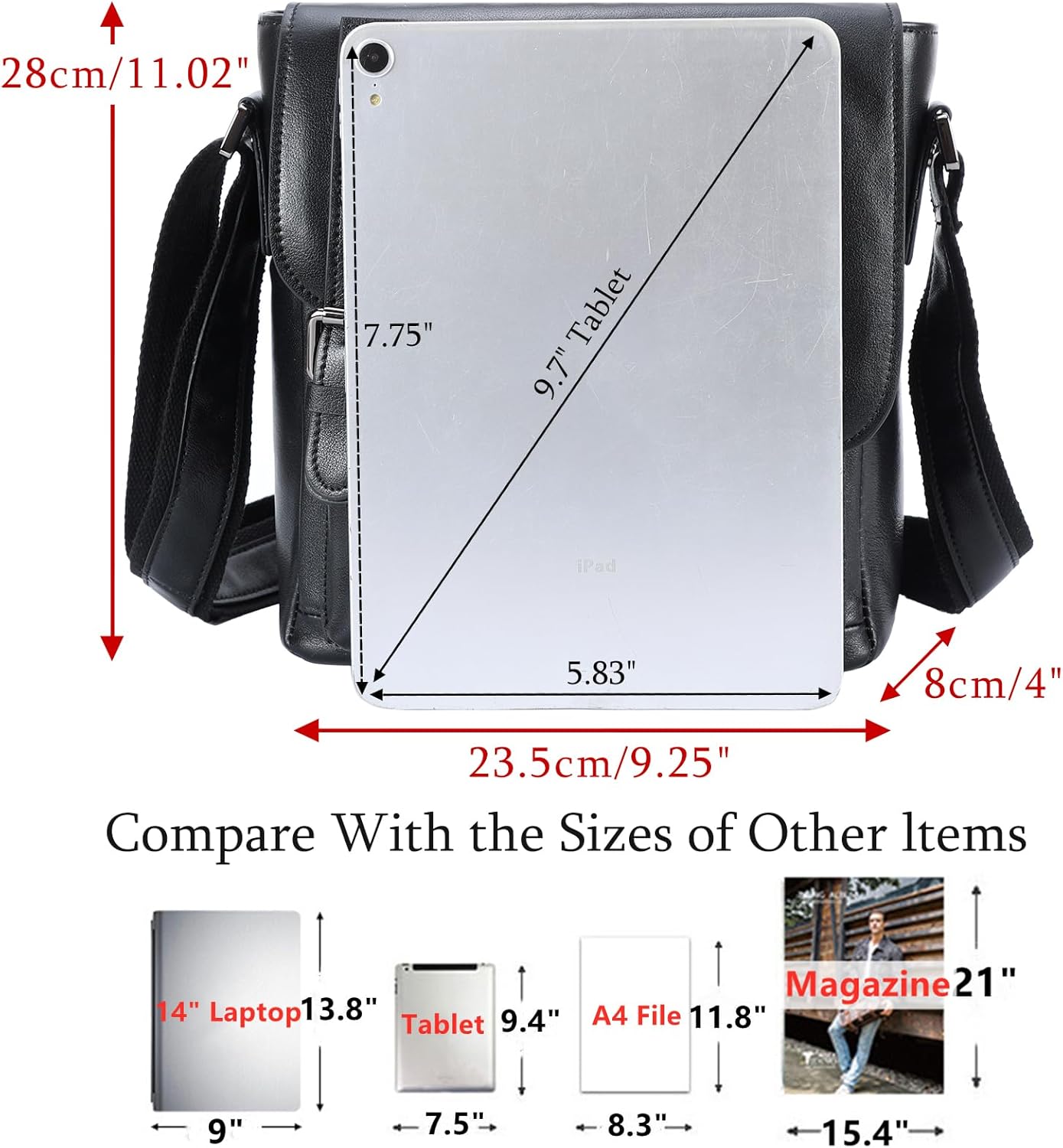 Masa Kawa Leather Messenger Bag Small Crossbody Shoulder Bag Gift for Men Women Flap Over Man Purse Fits 10" Tablet - Image 6