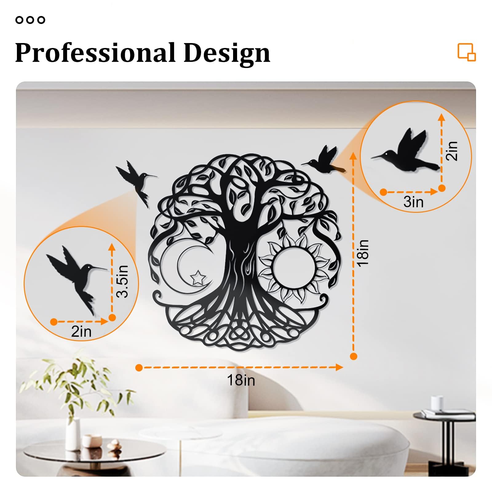 WINUSD 18in Black Metal Wall Art, Tree of Life Wall Decor Metal Artwork for Wall with 2 Pcs Black Metal Bird Silhouette - Image 2