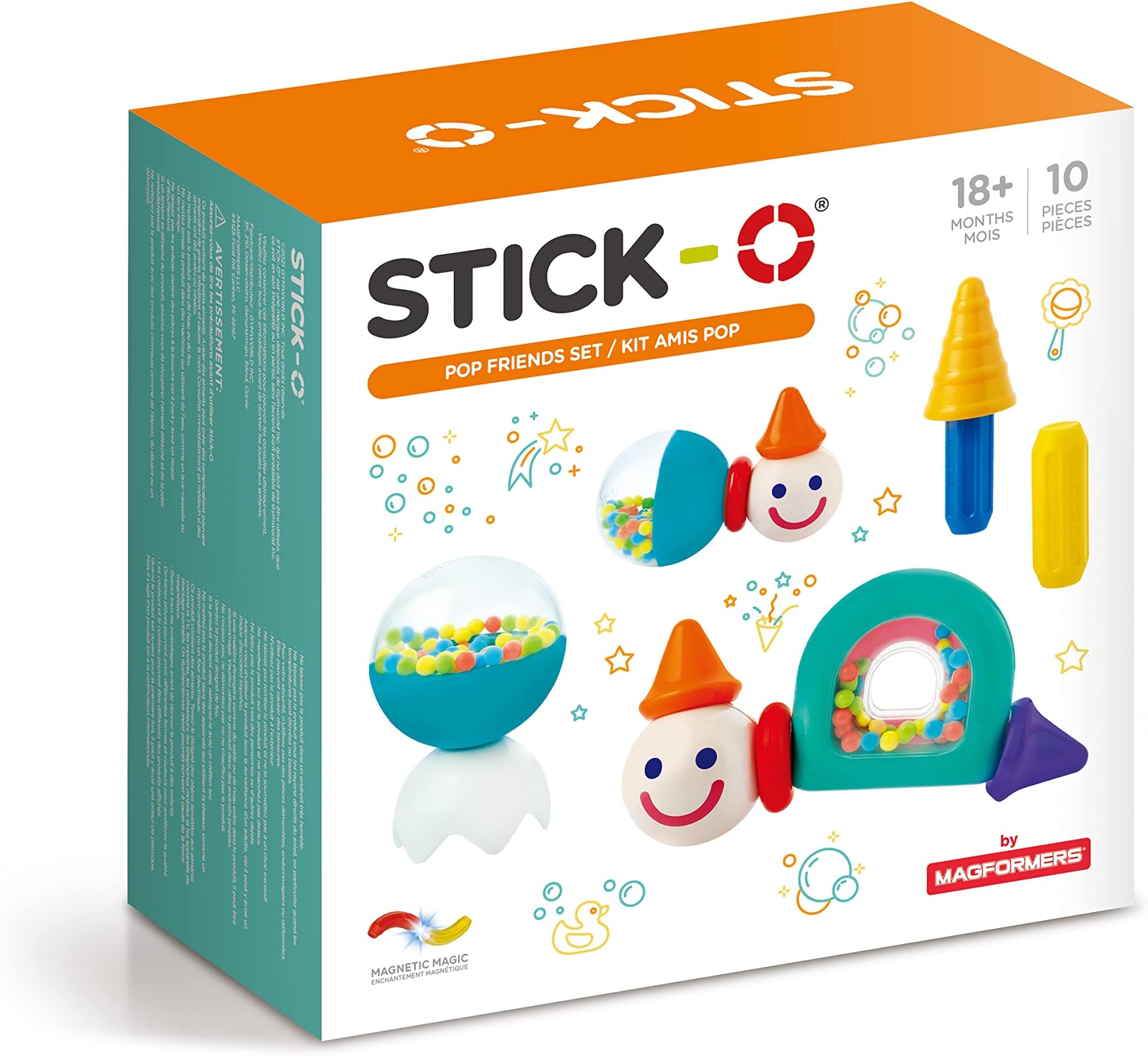 Stick-O Magnetic Building Blocks for Children from 1 Years, Creative Construction Toy, Educational Toy with Magnet, Pop Friends Set for Girls and Boys, Montessori Toy, 10 Pieces Set