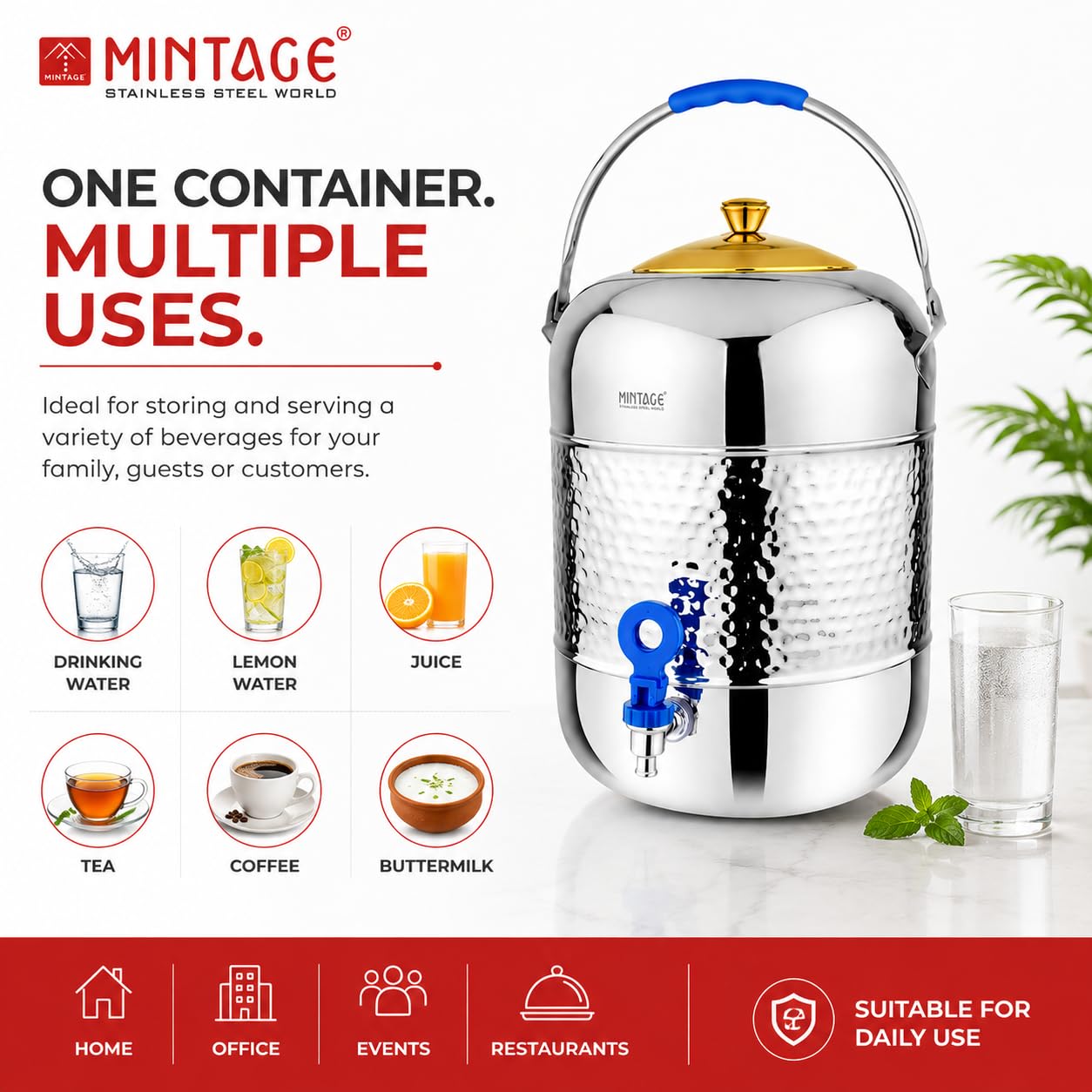Mintage Water Container Stainless Steel Pot 13 Liters | Durable | Sleek Modern Kitchen Storage | Home Essential Design | Elegant Utility Dispenser 2