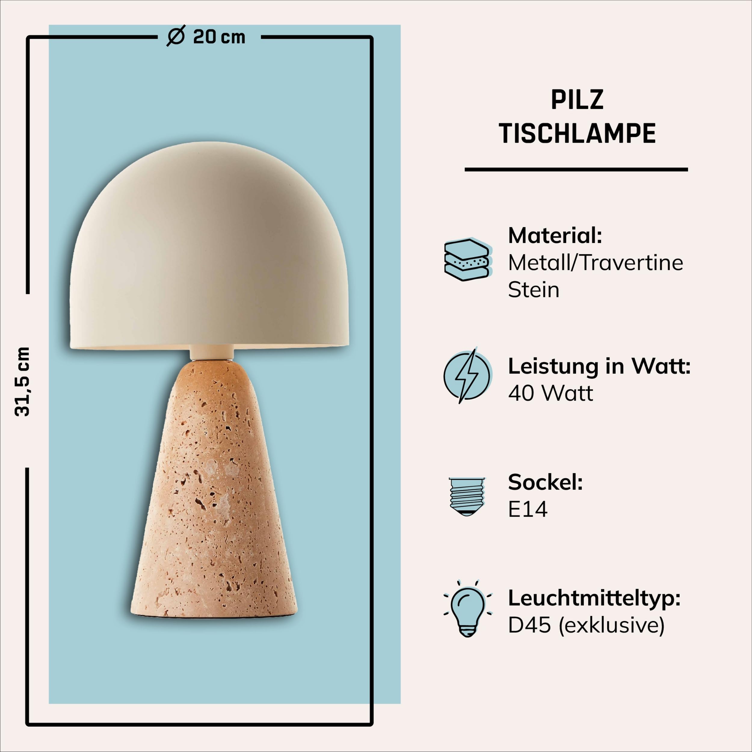 Lightbox Pilz-Tischlampe - Tischleuchte mit Sockel aus Travertin-Stein - Lampe für Wohnzimmer, Schlafzimmer & Fensterbank - exkl. E14 LED