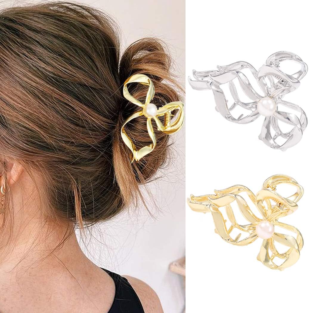 Zoestar Bow Claw Hair Clips Gold Metal Hair Claw Clip Pearl Hair Clip Claws Nonslip Stylish Hair Accessories for Women and Girls (Pack of 2)