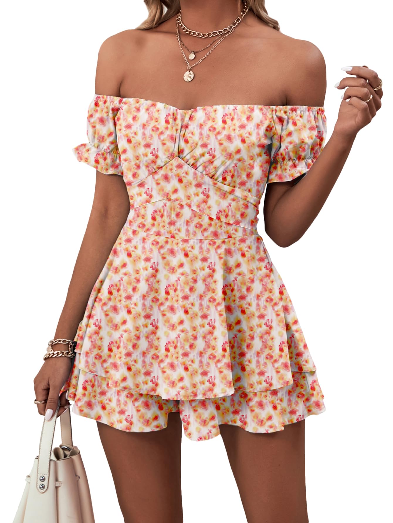 LYANER Women's Off Shoulder Wrap Tie Up Back Ruffle Short Sleeve Romper Short Jumpsuit