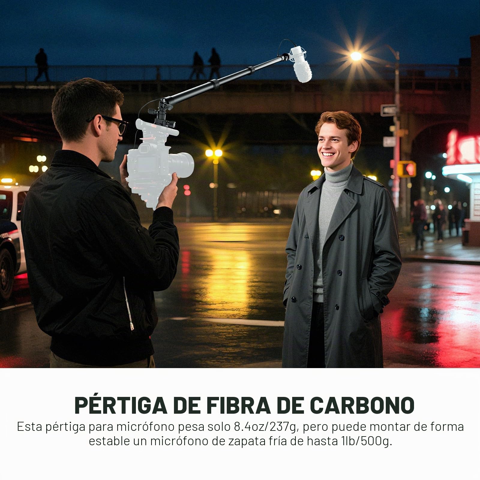 NEEWER Boom Pole Micrófono Fibra Carbono, 44-92cm Extensible, 3,5mm Cable TRS Macho a Hembra Integrado, Clavo NATO, Montaje Zapata Fría, 180° Tilt, Carga Máx 500g para Entrevistas y Cine, BP01