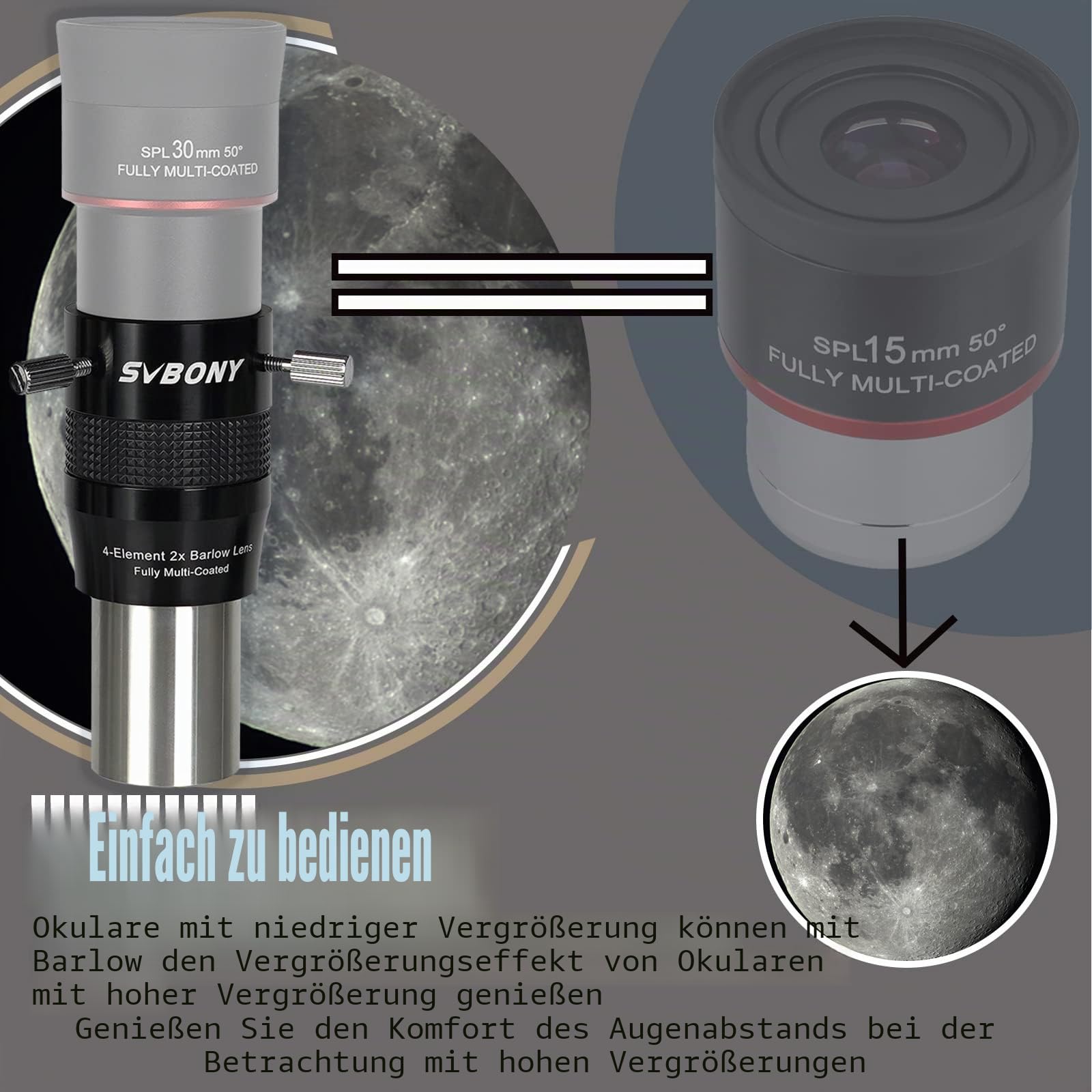 Svbony SV216 Barlowlinse 2X, 1,25 Zoll Metall Barlow 4-Elemente Apochromatisches FMC Teleskoplinse für Planetenfotografie und Beobachtung