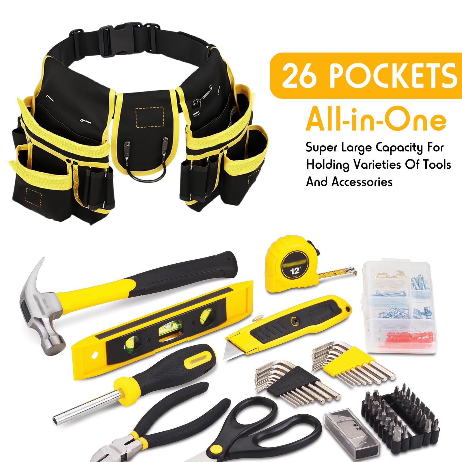 26 Poches Ceinture Porte Outil, Magnétique, Sacoche Outils Bricolage avec Porte Marteau Ceinture Large, Amovible et Réglable, Sac à Outils pour Homme Électricien Charpentier Construction Encadreurs
