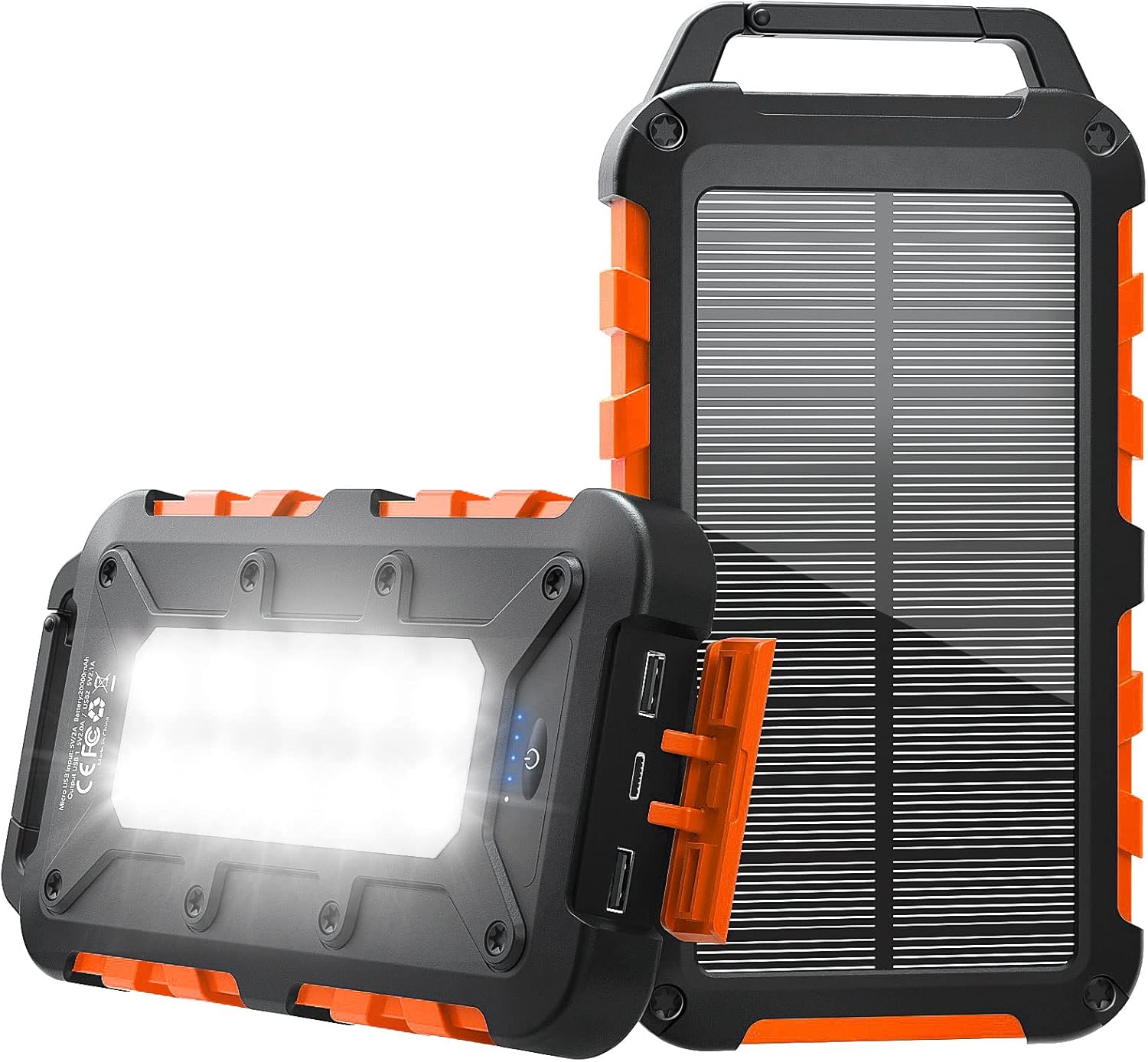 TOENNESEN Solar Power Bank 20000mAh, showing its front with solar panel and back with LED light.