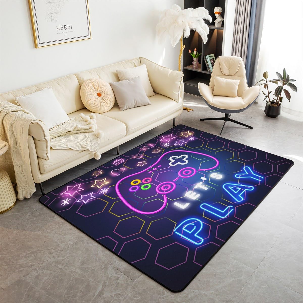 Loussiesd Neonowy dywanik dla graczy, 150 x 200 cm, dla dzieci, gier, sport, sześciokątny, dywan do salonu, dla chłopców, dziewcząt, nastolatków, kontroler konsoli do gier, dekoracyjny dywan