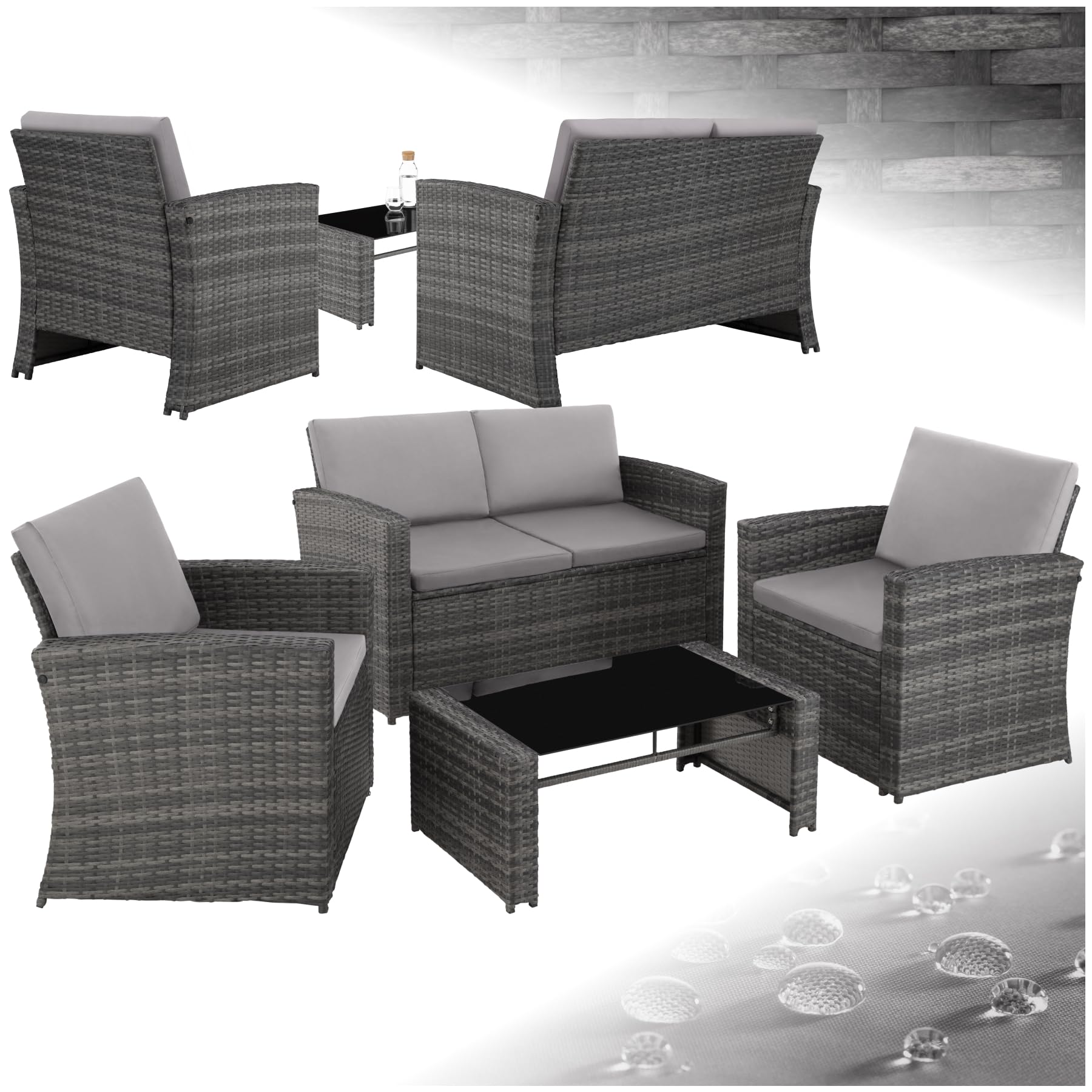 Salottino in Rattan da Giardino Esterno con 2 Poltrone, Divano e Tavolo in Vetro Rimovibile - Grigio/Grigio Chiaro