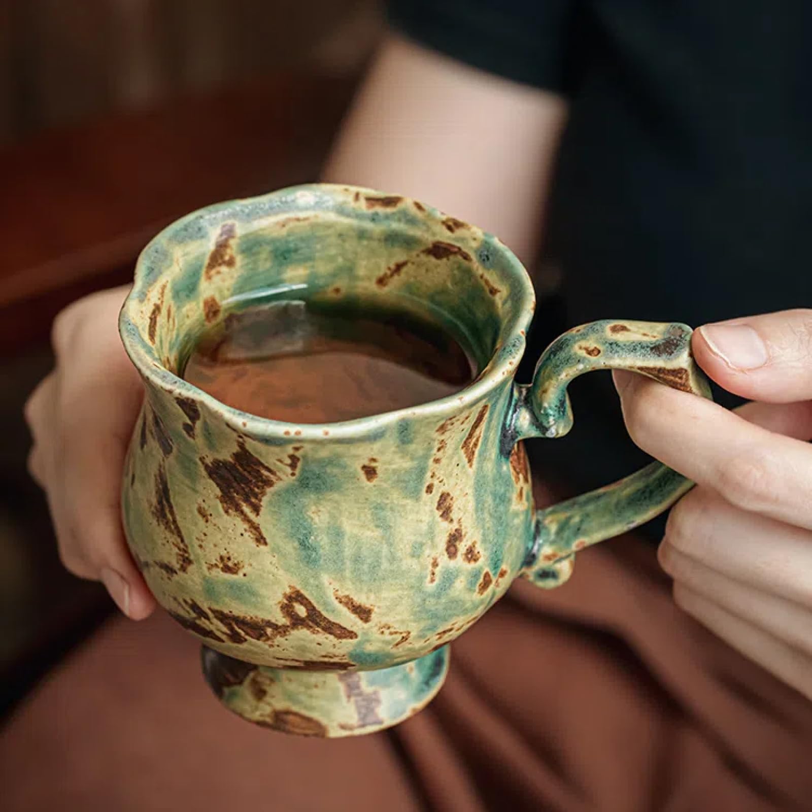 Flower Shape Handmade Stoneware Goblet, Retro Green High-Value Mug, Exquisite Tea Coffee Mug Household Art Pottery