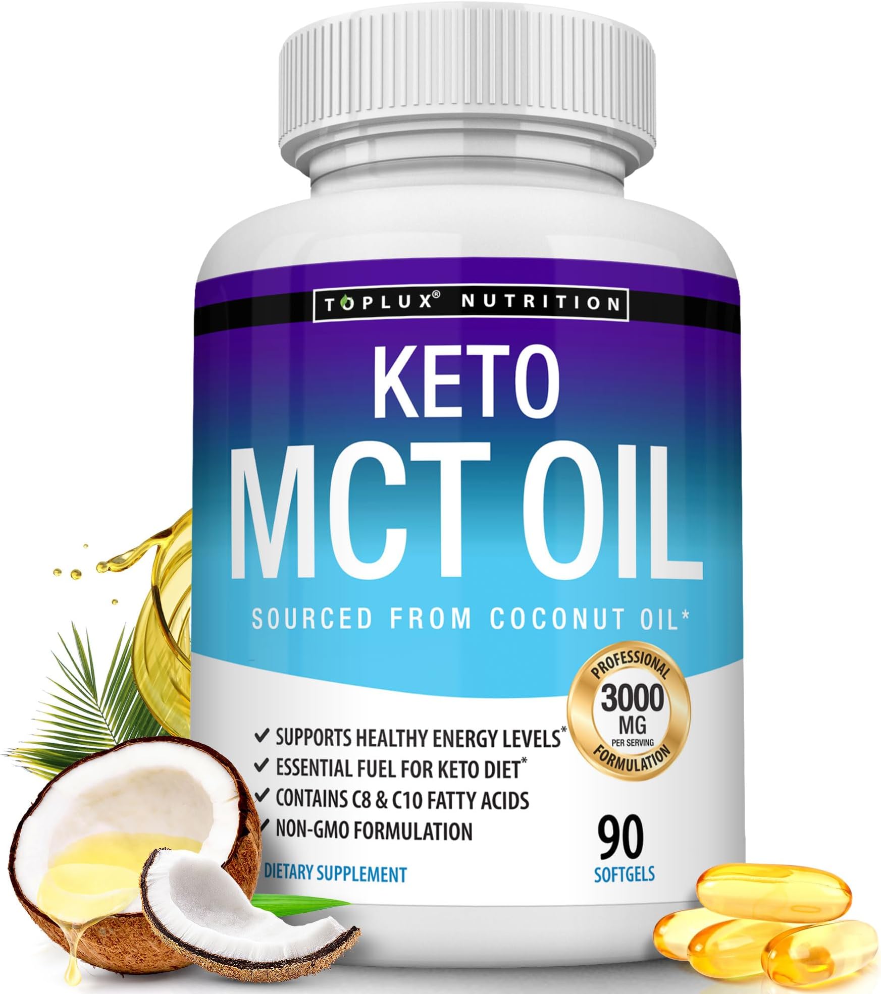 Toplux Keto MCT Oil Capsules - 3000mg Natural Pure Coconut Oil Extract Pills, Source of Energy, Easy to Digest for Men Women, 90 Softgels, Supplement