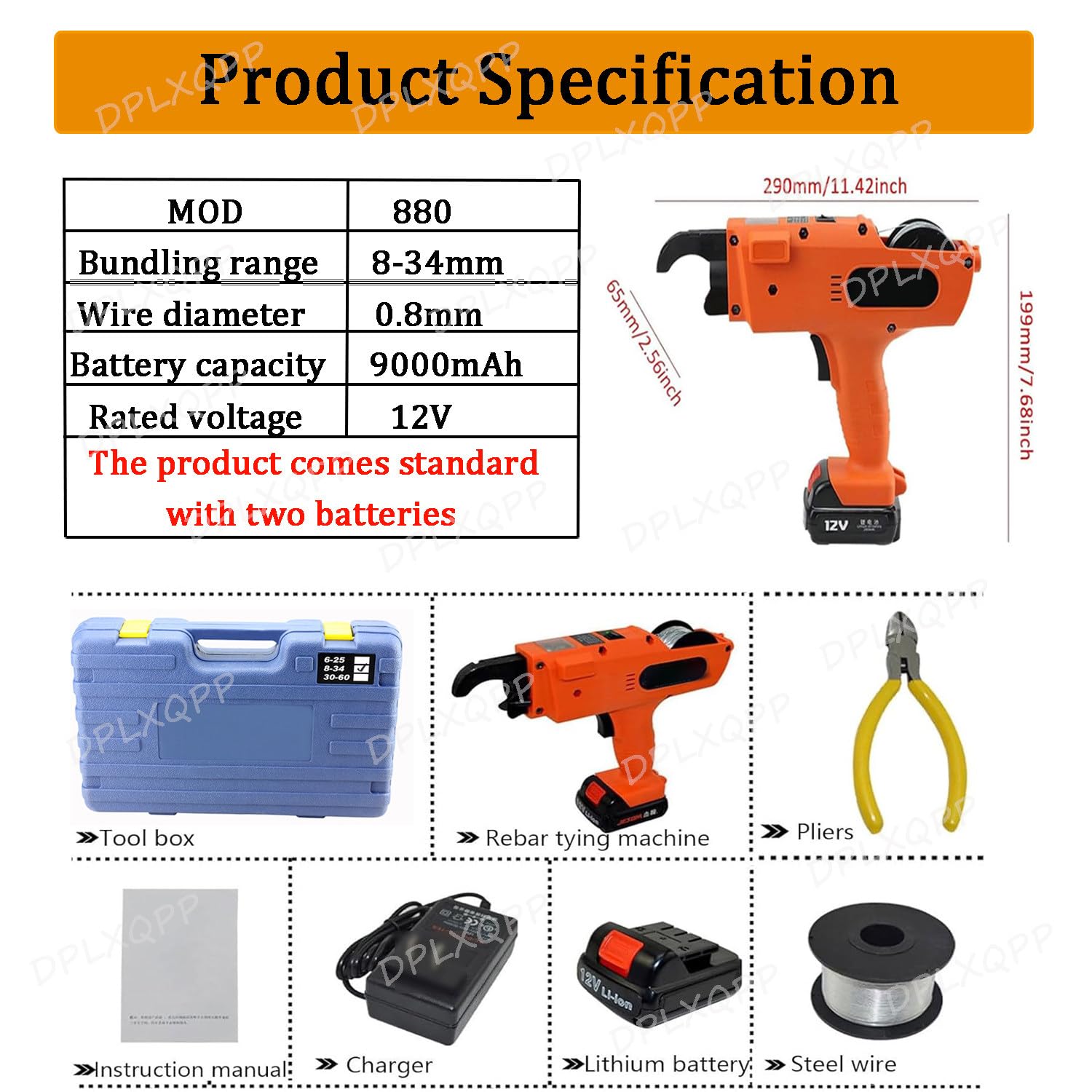 Máquina Atadora De Alambre para Ferralla Industrial,con 2 Baterías Recargables,12v,Rango De Atado,8-34 Mm,para Grandes Proyectos De Ingeniería Civil,2 * 9000Amh-8-34mm