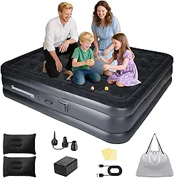 Colchão Inflável Casal Automático com Bomba 40W - Até 350kg,205x180x40cm,Suporte Firme 48 Espirais,4 Camadas Antifuro,Superfície Flanelada,Inclui Travesseiros - Ideal para Camping,Praia,Casa e Jardim