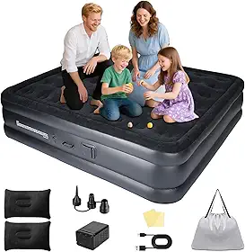 Colchão Inflável Casal Automático com Bomba 40W - Até 350kg,205x180x40cm,Suporte Firme 48 Espirais,4 Camadas Antifuro,Superfície Flanelada,Inclui Travesseiros - Ideal para Camping,Praia,Casa e Jardim