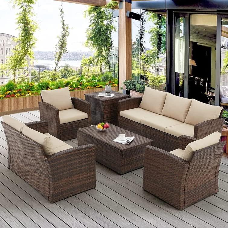DRX Outdoor 7-Seater Wicker Sectional Sofa Waterproof Outdoor Furniture with Cushions,Center Table and Side Table for Indoor and Outdoor (Dark Brown and Cream Color)-image-27