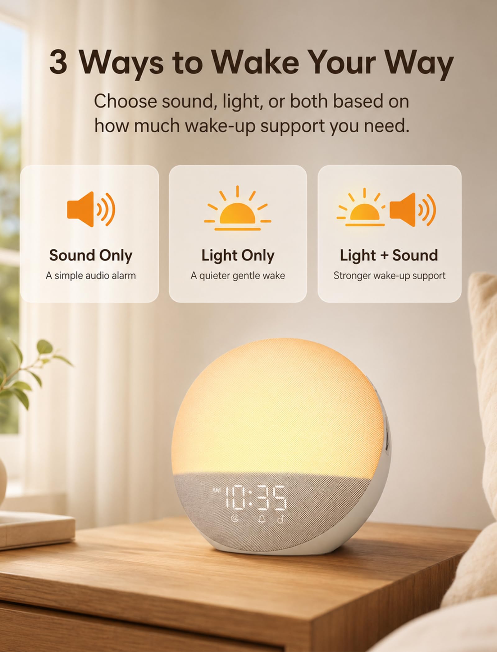 Odokee Reloj despertador Sunrise con máquina de sonido: luz de despertador suave y 7 sonidos de alarma para dormitorio, 3 modos de despertar y 32 niveles de volumen para masilla matutina sin estrés